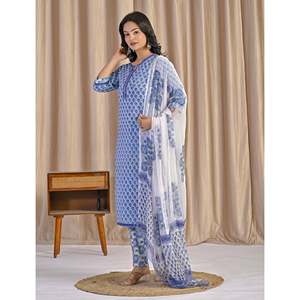 Conjunto de Kurta y Pantalón de Algodón Azul Claro con Estampado a Mano, Estilo Casual, Ropa India Hecha a Mano - Product Image 4