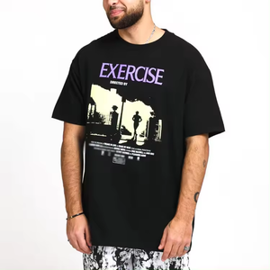 Camiseta de algodón OEM ODM 100% para hombre, camisetas holgadas negras de gran tamaño con estampado de hombros caídos, ropa de calle holgada - Product Image 1