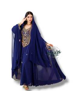 Kaftan Dubaï à manches longues en mousseline de soie, broderie de cristaux, sequins, simple, sobre, modeste, 100% polyester, longueur au sol, coupe trapèze - Product Image 6