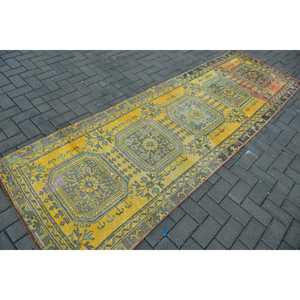 3.3x10.3 ft Turkish Runner Rug, Vintage <b>Yellow</b> Ombr Rug - Product Image 2