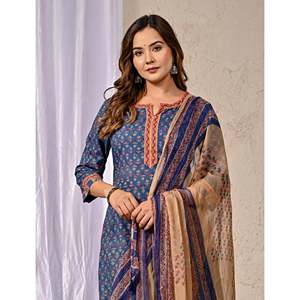 ชุดคุรตะผ้าฝ้ายพิมพ์ลายบลูบล็อค แขนสามส่วน สำหรับใส่ในชีวิตประจำวัน - Product Image 1