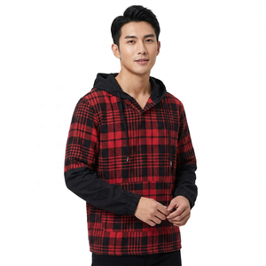 <b>Men</b> Plaid Hooded <b>Sweatshirt</b> Oversized Regular Fit Casual Black <b>Red</b> Checkered Cotton Flannel Pullover With Pocket Autumn Wear - Product Image 2