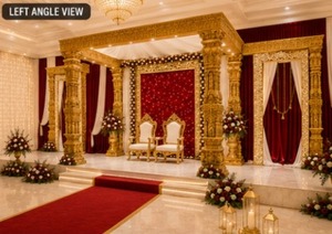Mandap Clásico del Sur de la India para Bodas, Pilar de Ganesha, Mandap de Madera de Lujo con Tallados en Oro, Cortinas Rojas y Decoración Floral para Bodas - Product Image 3