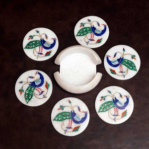 Sous-verres en marbre blanc sculpté, sous-verres pour boissons chaudes et froides avec support, ensemble de 2 pour thé, café, cocktails - Product Image 4