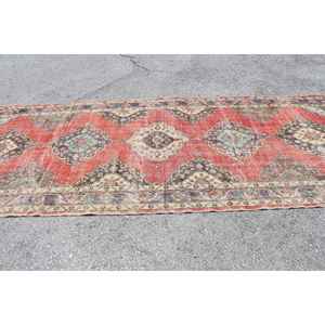 4.8x12.4 ft Turkish Vintage <b>Runner</b> Rug Eco-Friendly Patchwork Design <b>Red</b> Blue Bordered Wool Rug with Latex Backing - Product Image 3