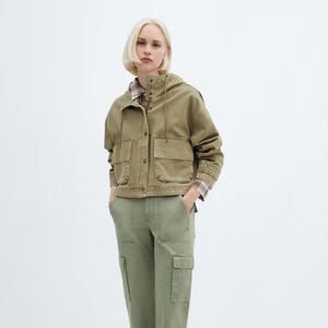 Women's Hooded Utility Safari <b>Jacket</b> Olive Green Full Sleeve Patch Pocket Windproof Autumn Wear Short Length Woven Fabric - Product Image 3