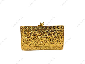 Handcrafted Gold Metal Panelled Clutch with Multicolor Stone <b>Crystal</b> Bead Floral Inlay Frame Designer Statement <b>Bag</b> for women - Product Image 4