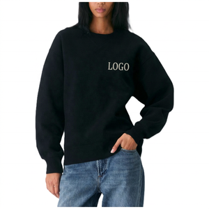 <b>Women's</b> <b>Navy</b> Oversized Crew Neck Sweatshirt 100% Cotton Drop-Shoulder Solid Color Breathable Long Sleeve Winter Wear - Product Image 1