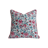 Nouveau coussin décoratif festif élégant en coton tissé à rayures florales, imprimé à la main au bloc, avec passepoil 100% coton et design classique