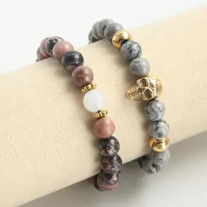 Wholesale Natural Stone Beads Bracelet Hiphop Stainless Steel Skull Attachment Crystal Map Stone Bead Bracelet
