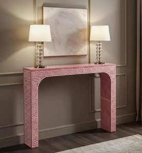 Mesa de consola con incrustaciones de hueso gris sutil con un patrón de círculo geométrico detallado. Disponible a precios mayoristas. - Product Image 3