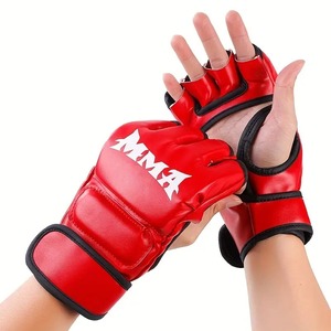 ถุงมือชกมวย MMA คุณภาพพรีเมียม สีแดง ทำจากหนังแท้ ปักโลโก้ได้ตามต้องการ พร้อมแถบตีนตุ๊กแก กันลื่น ปิดนิ้วเต็มรูปแบบ เหมาะสำหรับมวยไทย - Product Image 2