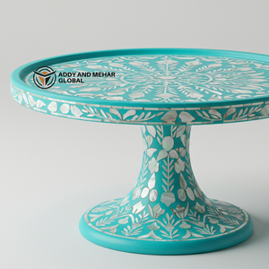 Artisan Nacre Incrustation Gâteau Stand Turquoise Floral Piédestal Assiette À Dessert De Luxe - Product Image 5