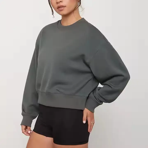 2025 femmes décontracté surdimensionné col rond pull sweat à capuche à la mode épaule tombante 100% coton avant Logo court - Product Image 4