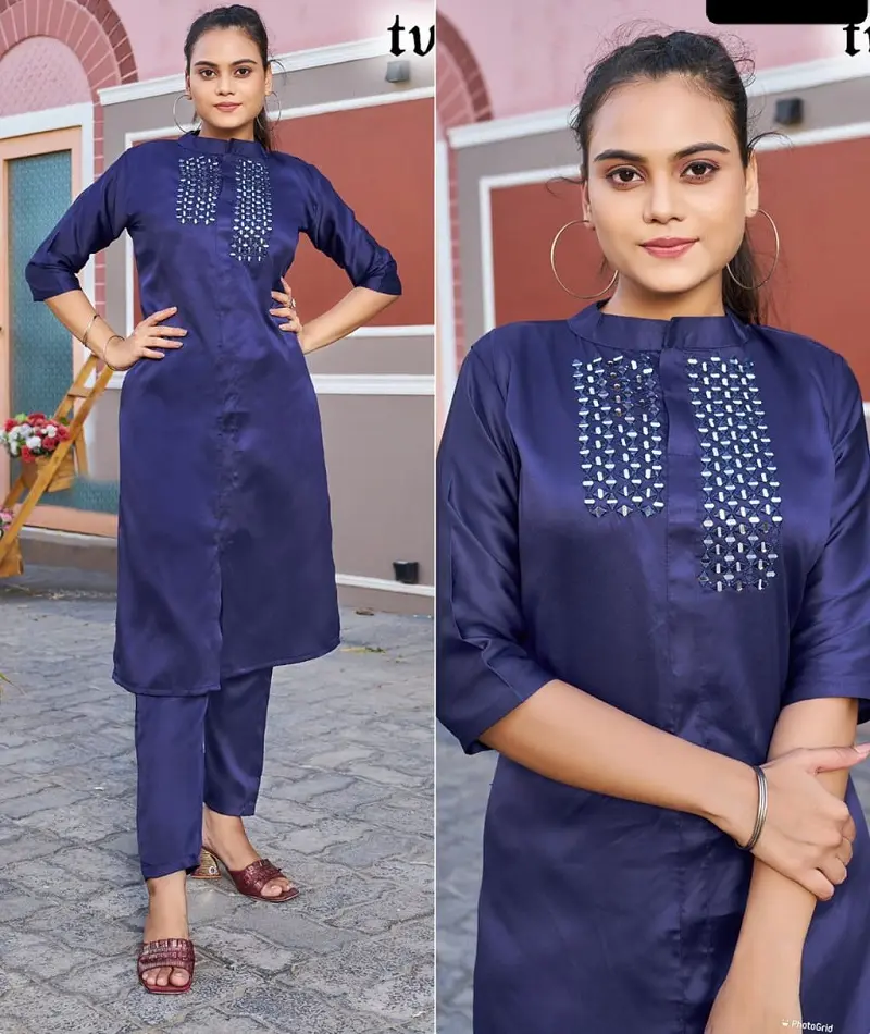 Ropa étnica india Kurtis de satén de algodón confeccionado y Pent con trabajo de espejo para ropa informal y uso diario Conjunto de Kurtis para mujeres