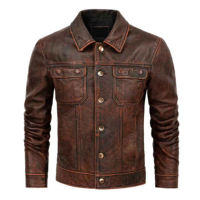 Erkek Vintage Hakiki Deri Ceket Eskitme Görünümlü Sığır Derisi Trucker Ceket Klasik Retro Batı Tarzı Deri Mont Günlük Moda Ceket