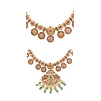 Collier long Haaram antique à fleurs interchangeables, bijou de collection culturel, plaqué or, pierres de zircon synthétique rubis-vert