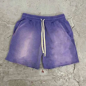 Pantalones cortos de verano para hombre con dobladillo crudo estilo Vintage lavado con ácido 100% algodón French Terry cintura elástica cordón con bolsillos laterales - Product Image 1