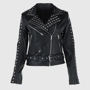 High Quality Black Biker Leather Jacket for Women's in Diamond Studded Style Real Leather Motorcycle Jacket