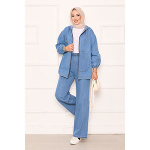Ensemble en jean bleu pour femme avec fermeture éclair et poche kangourou - Product Image 2