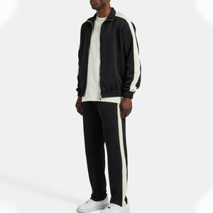 Survêtement noir pour homme avec bandes latérales blanches, col roulé zippé, design sportif, coupe classique, polyester et coton, pour l'automne - Product Image 5