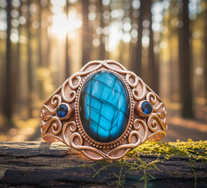 Rudra Gems Hommes Bohème Mode Fabriqué À La Main Naturel Labradorite Cabochon Tibétain Argent Perlé Bracelet 14K Plaqué Or - Product Image 3