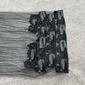 Extensions de cheveux humains 100% naturels, gris, à clips, non traités, vierges, Remy, en trame, clips sans couture pour un volume et une longueur instantanés - Product Image 2