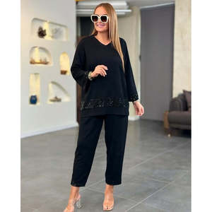Women's Long-Sleeve V-Neck <b>Sequin</b> Viscose Two-Thread Blouse and <b>Pants</b> Set, 28418 - Black - Product Image 1