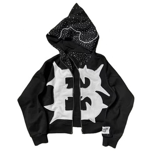 Sweat à capuche zippé décontracté pour homme, en polaire épaisse, avec strass, style streetwear hiver, service OEM, respirant, logo personnalisé - Product Image 1