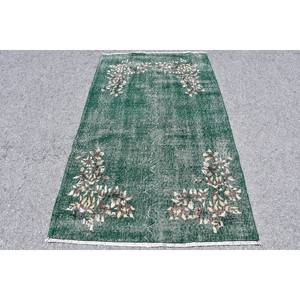 Tapis en laine beige vert classique 3.8x6.5 pieds Style turc Design patchwork abstrait pour salon couloir 10mm Latex en peluche - Product Image 1