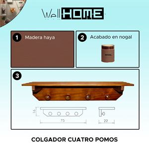 WELL HOME Estante de Pared de Madera con Acabado en Nogal y 4 Perillas, 55x22x16 cm - Product Image 2