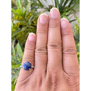925 <b>Silver</b> Natural Blue Sapphire Statement <b>Ring</b> <b>Boho</b> Style Engagement Fine Jewelry with Oval Cut Topaz and Oyster Cut Diamond - Product Image 5