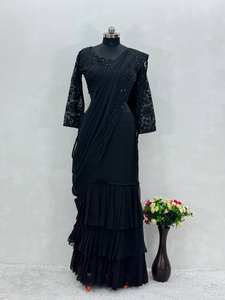 Nouvelle robe de soirée ethnique élégante en faux georgette lourde à volants, prête à porter, style élégant, couches élégantes, ambiance festive - Product Image 4