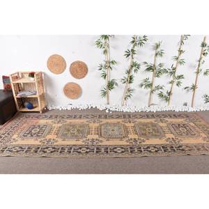 Alfombra de lana turca Vintage rústica negra Beige 4,3 X 11.8ft diseño de retales clásico hecho a mano para pasillo rectangular de látex para vivir - Product Image 1