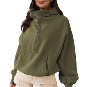 Conjunto de Sudadera Corta con Media Cremallera y Lavado Ácido para Mujer, Ajuste Regular, Transpirable, Resistente al Viento, Ecológico, Informal, para Calle, con Bolsillos Laterales - Product Image 1