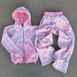 Conjunto de chándal holgado con estampado general personalizado de ajuste cómodo para hombre, lavado ácido, Sol desteñido, logotipo de letras, conjunto de pantalones de chándal con capucha y cremallera - Product Image 1