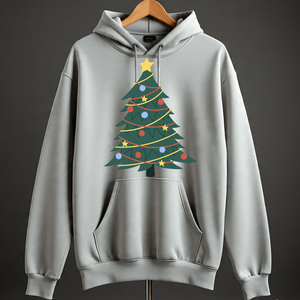Men's Christmas <b>Tree</b> Printed Hoodie Cotton Knitted Casual Winter Sweatshirt Front Logo Pocket Design Regular Fit - Product Image 1