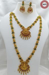 Gargantilla de templo Lakshmi de oro de doble capa antigua, conjunto de collar largo, joyería India Polki tradicional para mujer para fiesta - Product Image 2