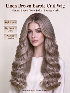 Parrucca in lino marrone con riccioli <span class=keywords><strong>Barbie</strong></span>, lunga e ondulata, in capelli sintetici, con corona alta e attaccatura naturale, per uso quotidiano - Product Image 1