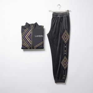 Survêtement Homme en Velours Imprimé Effet Délavé Coupe-Vent 2-en-1 avec Broderie Strass, Veste Épaisse et Pantalon Ample Streetwear - Product Image 4