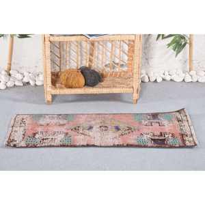 Tapis patchwork en laine vintage 1.2x2.9 pieds rose bleu fait à la main motif de couloir rectangle pour chambre salon support en latex peluche - Product Image 1