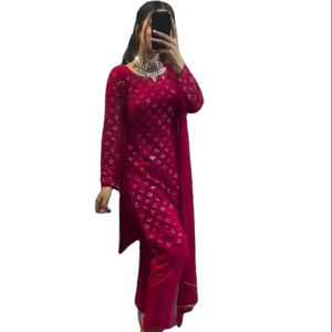 Exclusivo de alta calidad Faux Georgette bordado trabajo Color brillante corte recto borde peso ligero Popular Salwar traje/vestido - Product Image 4