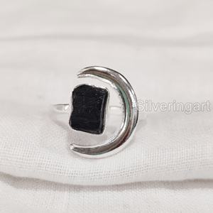 Joyería de piedra en bruto, anillo para mujer, Natural piedra preciosa de turmalina negra, piedra natal de octubre, anillo de luna creciente, anillo de Plata de Ley 925 - Product Image 3