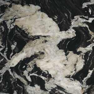 Table de salle à manger de cuisine en bois massif et marbre, plateau en marbre noir sablé, base en bois, forme ronde, bords incurvés, forêt noire - Product Image 6