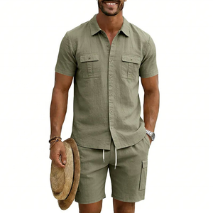Men's Navy Blue Short Sleeve Shirt Cargo Shorts <b>Set</b> Casual Summer Outfit Solid Color Breathable <b>Knitted</b> Fabric BLIZ SPORTS WEAR - Product Image 6