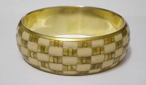 Luxury <b>Gold</b> And Cream Checkered Mosaic Inlay Copper <b>Bangle</b> For Women Trendy Wide Statement Cuff Bracelet Elegant High Polish - Product Image 4