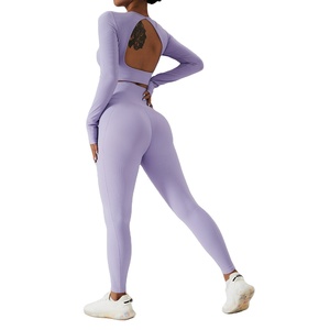 Nueva llegada de trajes de fitness de punto de cintura cruzada con logotipo personalizado para mujer conjuntos de gimnasio de color sólido-Venta caliente Leggings largos XL Active Wear - Product Image 1