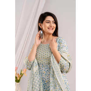 Ensemble Kurta Femme Imprimé Floral Blanc & Ciel avec Pantalon & Dupatta - Product Image 2
