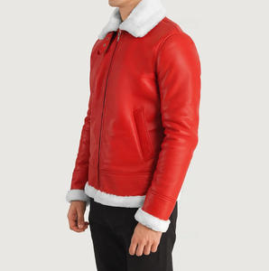 Nouvelle arrivée Veste bomber en cuir véritable rouge et blanc pour homme Col montant Tissu polaire Imperméable Moto Casual Wear Front - Product Image 2