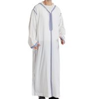 Thobe musulman pour homme blanc, détails de bordure bleu clair, manches longues, Jubba islamique, Kandura, Dishdasha, tenue traditionnelle arabe d'été